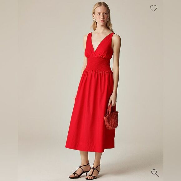 NWT J CREW Plunge smocked-waist dress in cotton poplin in “Vintage Red” - Picture 4 of 8